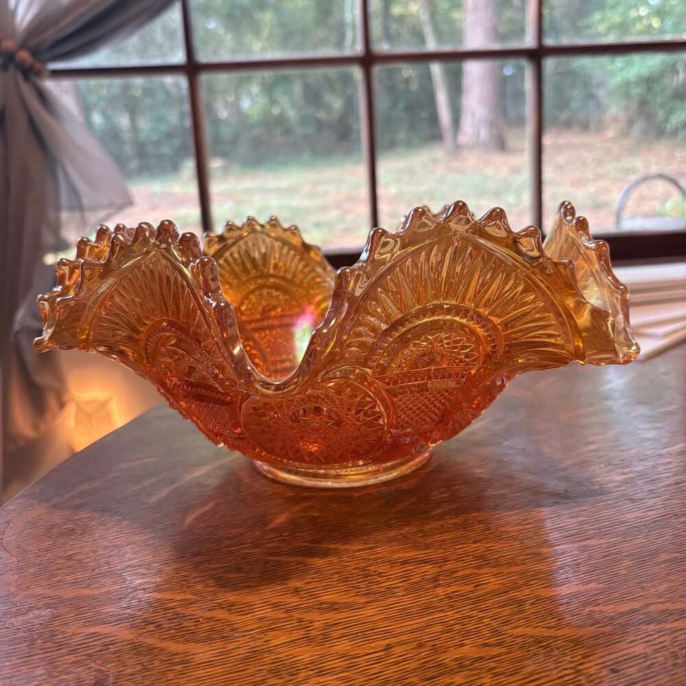 Vintage Imperial Marigold Carnival Glass Star Pattern Ruffled Bowl